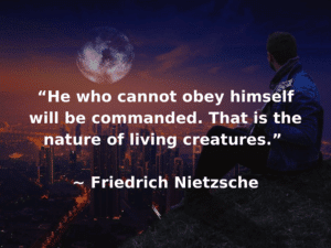 nietschze quote with man looking at city in the background